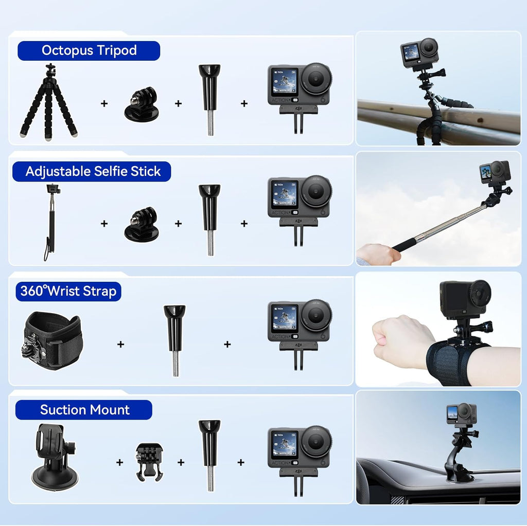 DJI Osmo Action 6 8K Waterproof Action Camera Bundle, 1/1.1" Square Sensor, Variable Aperture of f/2.0–f/4.0, 50GB Built-In Storage, Original Essential Combo + 58 Piece Accessory Kit + Extra 64GB Card