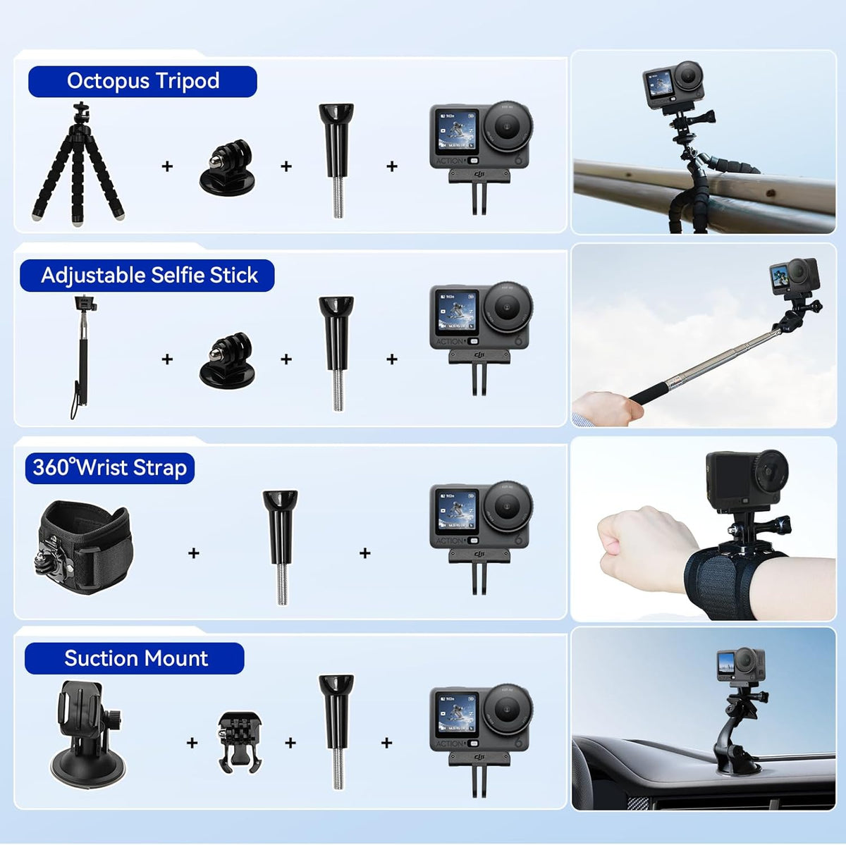 DJI Osmo Action 6 8K Waterproof Action Camera Bundle, 1/1.1" Square Sensor, Variable Aperture of f/2.0–f/4.0, 50GB Built-In Storage, Original Essential Combo + 58 Piece Accessory Kit + Extra 64GB Card