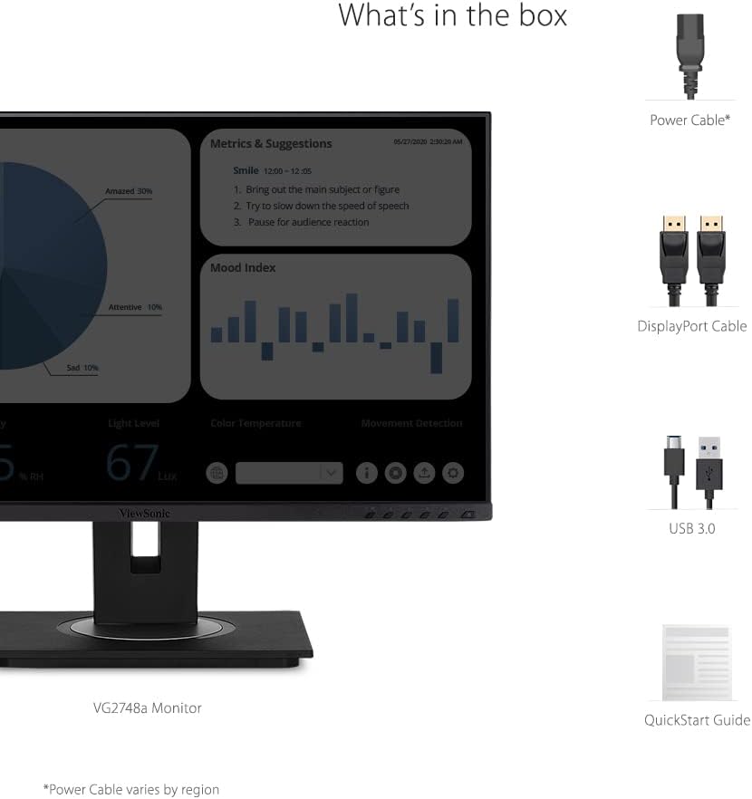 ViewSonic VG2748A 27" IPS 1080p Ergonomic Monitor with Ultra-Thin Bezels, HDMI, DisplayPort, USB, VGA (Renewed)