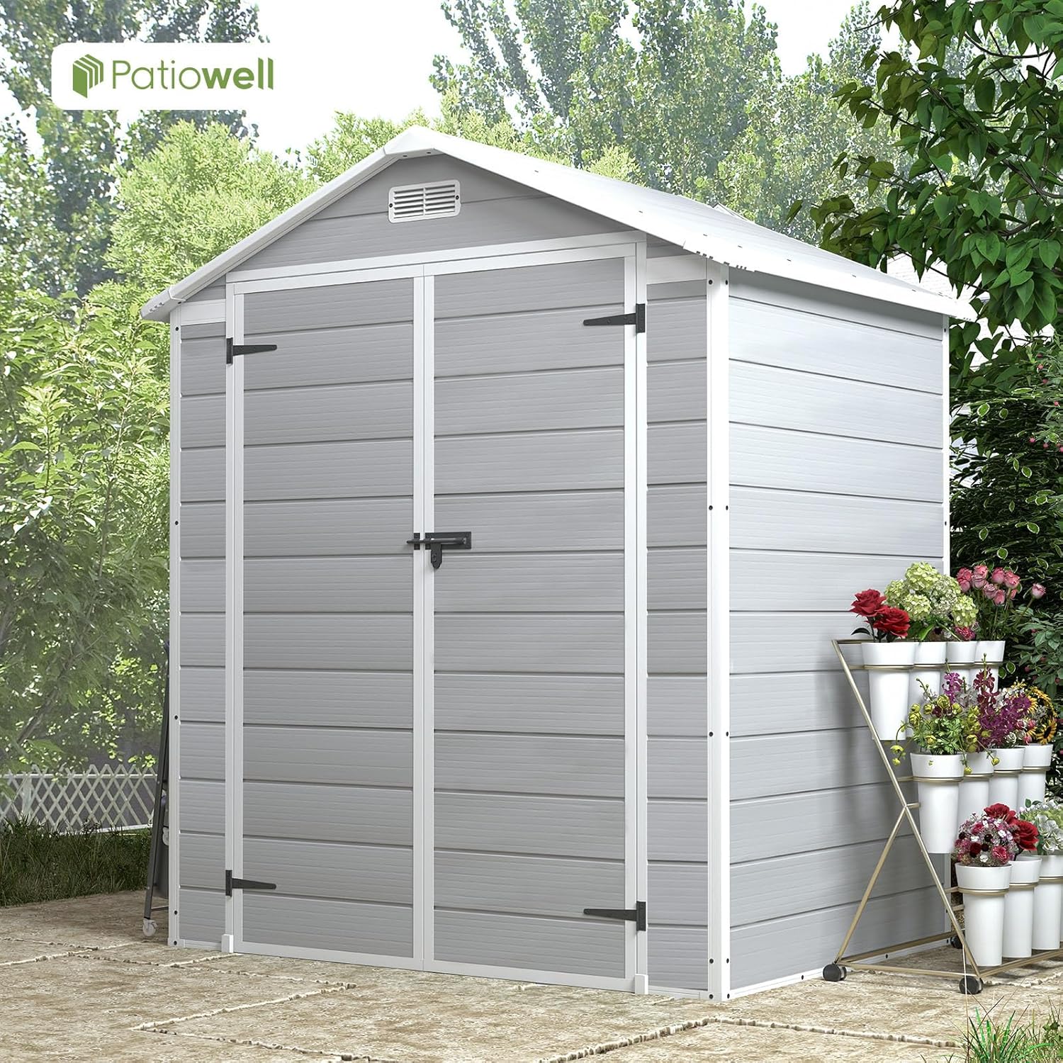 Patiowell 6 x 4 FT Plastic Outdoor Storage Shed with Floor, Resin Outside Sheds with Window, Garden Tool Shed with Lockable Door for Patio Storage, Backyard, Light Gray