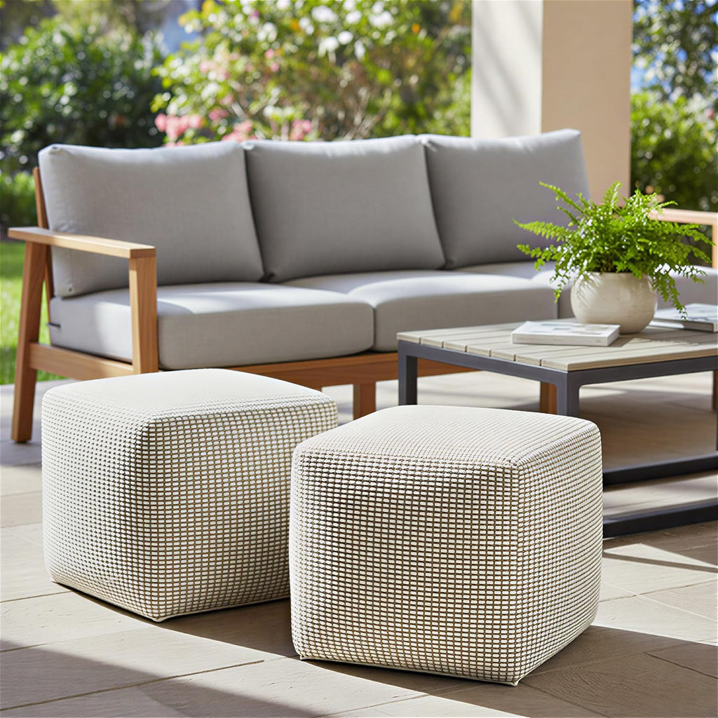 SIMPLIHOME Zelma Square Pouf – 18 inch Wide Upholstered PET Polyester Ottoman in Dune Beige, Boho Indoor/Outdoor Footstool or Extra Seating for Living Room or Patio, Assembled