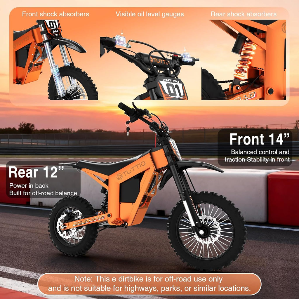 TUTTIO Soleil01-LO 3000W Mid-Drive Electric-Dirt-Bike for Teens & Adults - 37MPH, 220Nm, 48V 21Ah Removable Battery, Full Suspension Off-Road Electric Motorcycle, 14"/12" Tires for Mountain Adventure