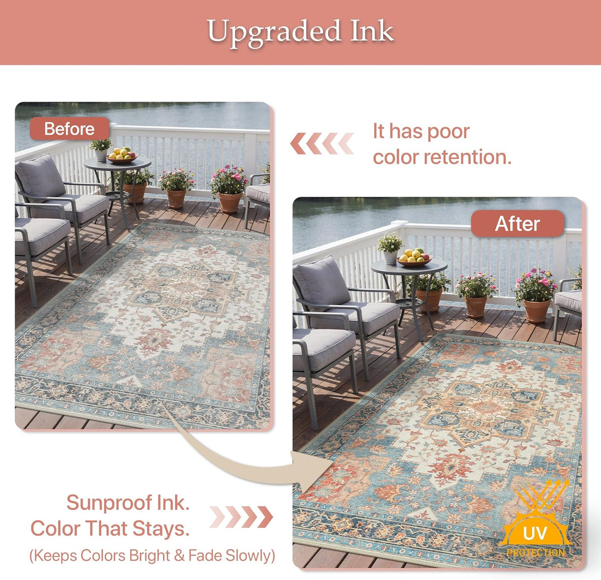GENIMO Outdoor & Indoor Area Rug 8'x10', Waterproof, Non-Shedding, Easy Cleaning, Boho Mat for Patio, Living Room, Balcony, Dining Room, RV, Deck, Bedroom, Camping, Outside Carpet,Blue Salmon