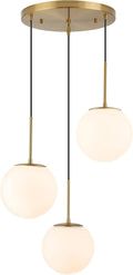 3-Light Cluster Pendant Lights, Mid Century Modern Globe Cluster Chandelier with Milk Glass, Brass Gold Pendant Lighting for Kitchen Island, Staircase, Dining Room, Living Room
