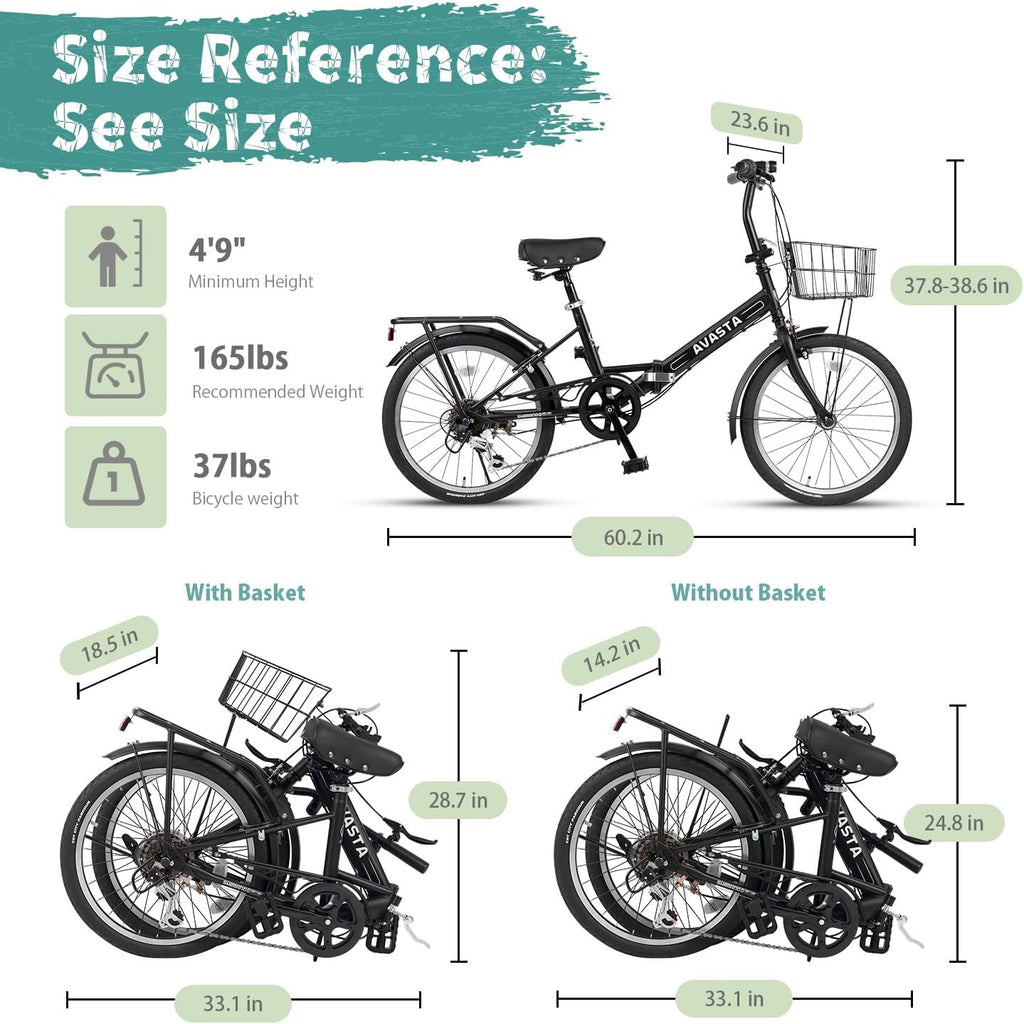 AVASTA Quartet 20 24 Inch Folding Bike with 7-Speed, Dual C-Brake, Fender, Rear Rack and Bicycle Basket, Mutiple Colors