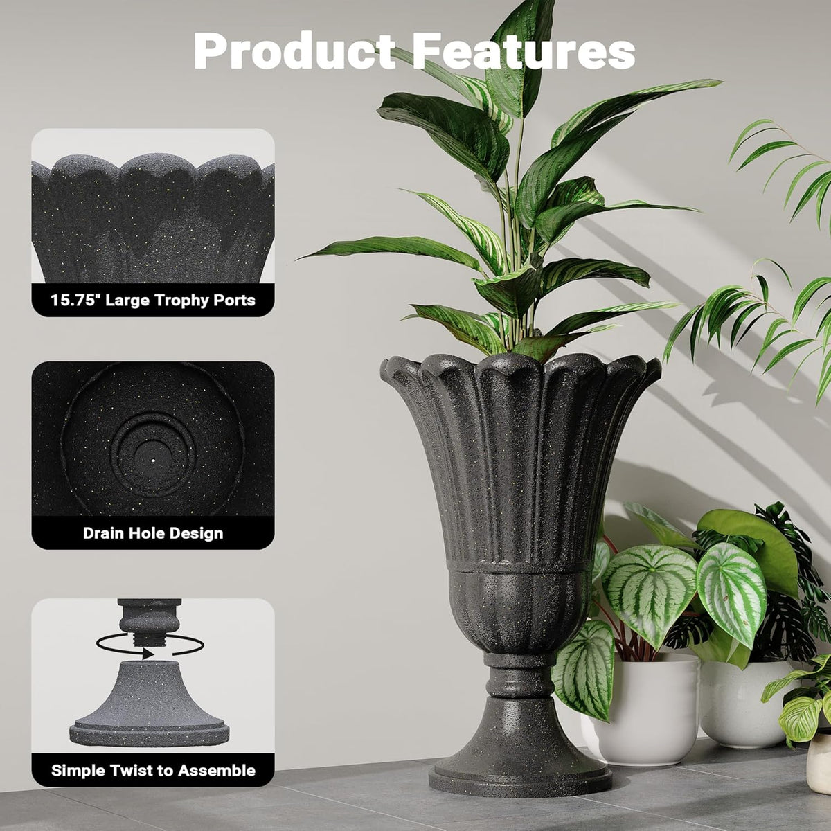 23" Tall Planters for Outdoor Plants Set of 2, Planter with Drainage Holes and Petal Design, Large Outdoor Planters for Porch, Garden, Indoor, Black