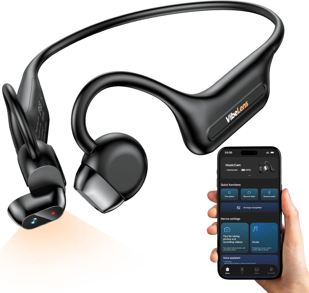 MusicCam World's 1st Bone Conduction Headphones with Camera, Hand-Free POV Camera Headphones, IP68 Water & Sweat Resistant, AI Functions, Open-Ear Bluetooth Wireless Sport Earphones with APP