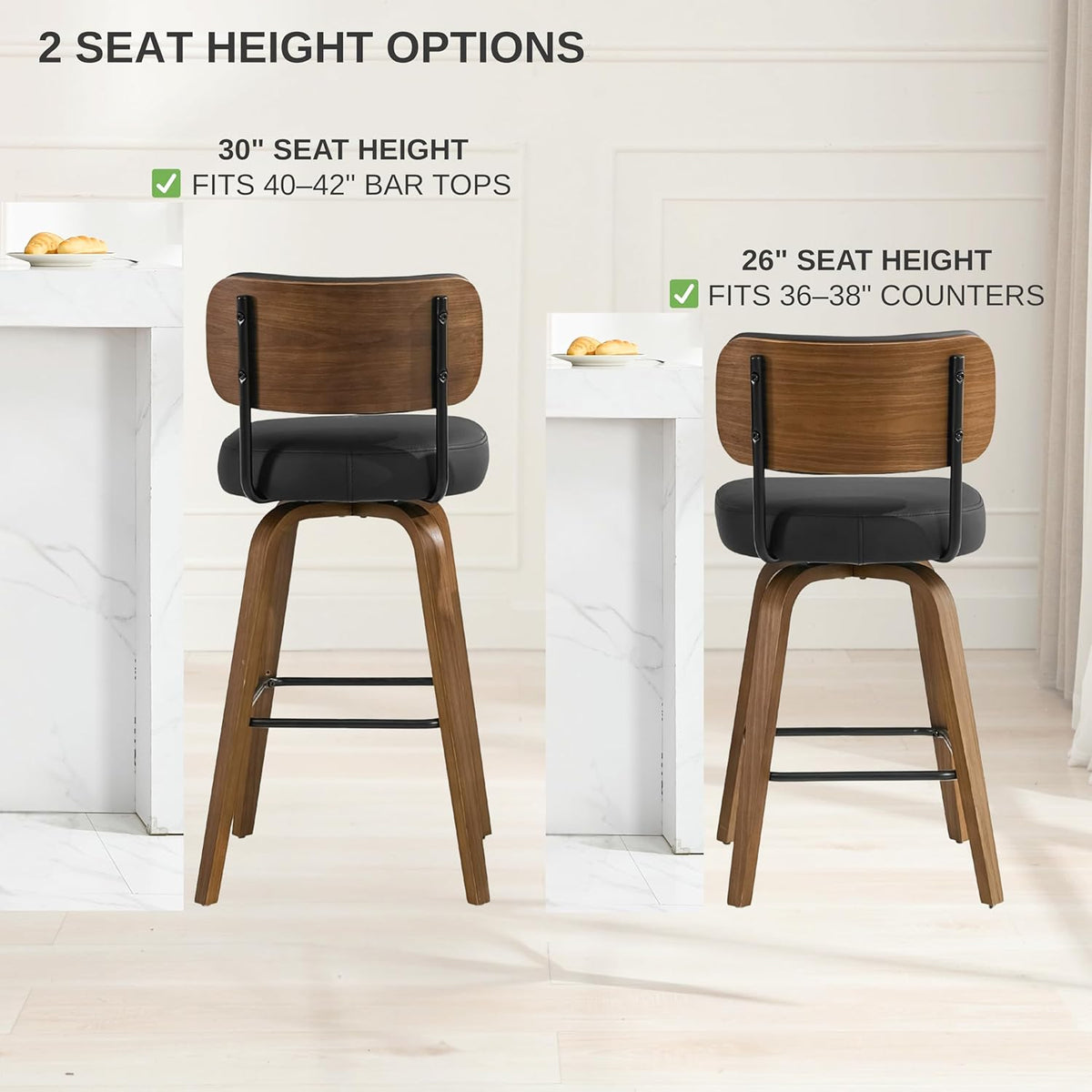 Swivel Bar Stools Set of 3, 26" Upholstered Counter Height Bar Stools with Back and Walnut Wood Legs, Faux Leather Barstools for Kitchen Counter, Black