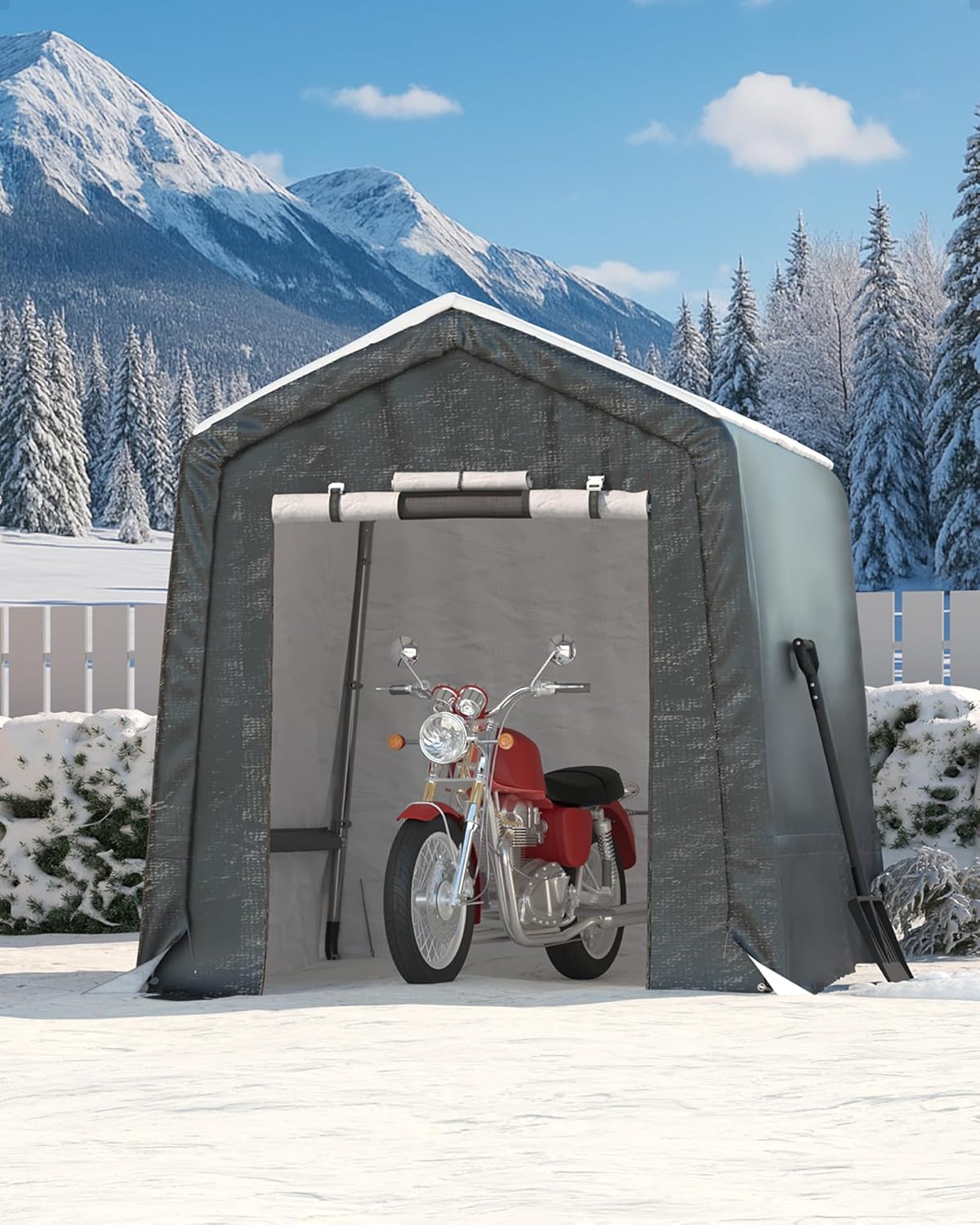 GarveeLife Outdoor Portable Storage Shed with Roll-Up Door & Vent, 240G Heavy-Duty Shelter Waterproof PE Tarp, UV-Resistant Storage Sheds for Motorcycle, Firewood, Garden and Tools (Gray, 6'x8')