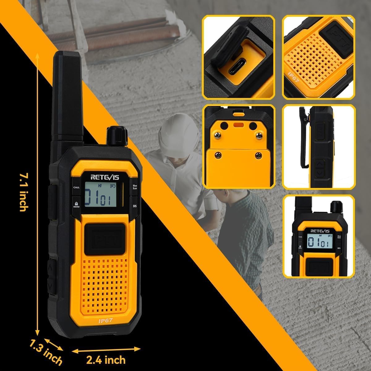 Retevis RB48 Walkie Talkies Long Range, 2 Way Radio with Shoulder Mic, IP67 Waterproof, 2000mAh, Vibration Reminder, Emergency, NOAA, Heavy Duty Two Way Radios(4 Pack)