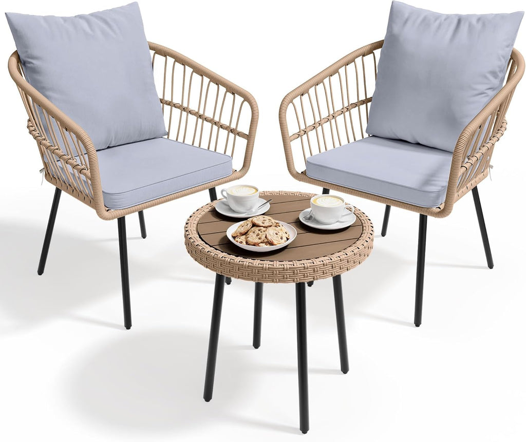 YITAHOME 3 Piece Bistro Set Outdoor with Thick Cushions&Table All-Weather Wicker Patio Furniture Set with Armrest Rattan Conversation Set for Balcony, Backyard, Pool, Porch, Deck - Grey