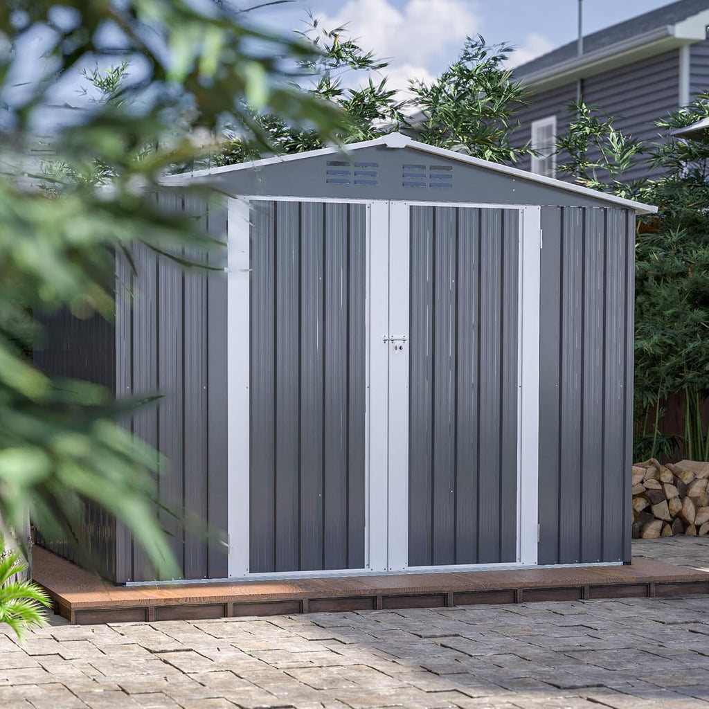 8x6 FT Outdoor Metal Storage Shed, Gray, with Floor Foundation, Lockable Hinged Doors, Air Vents, for Backyard and Lawn