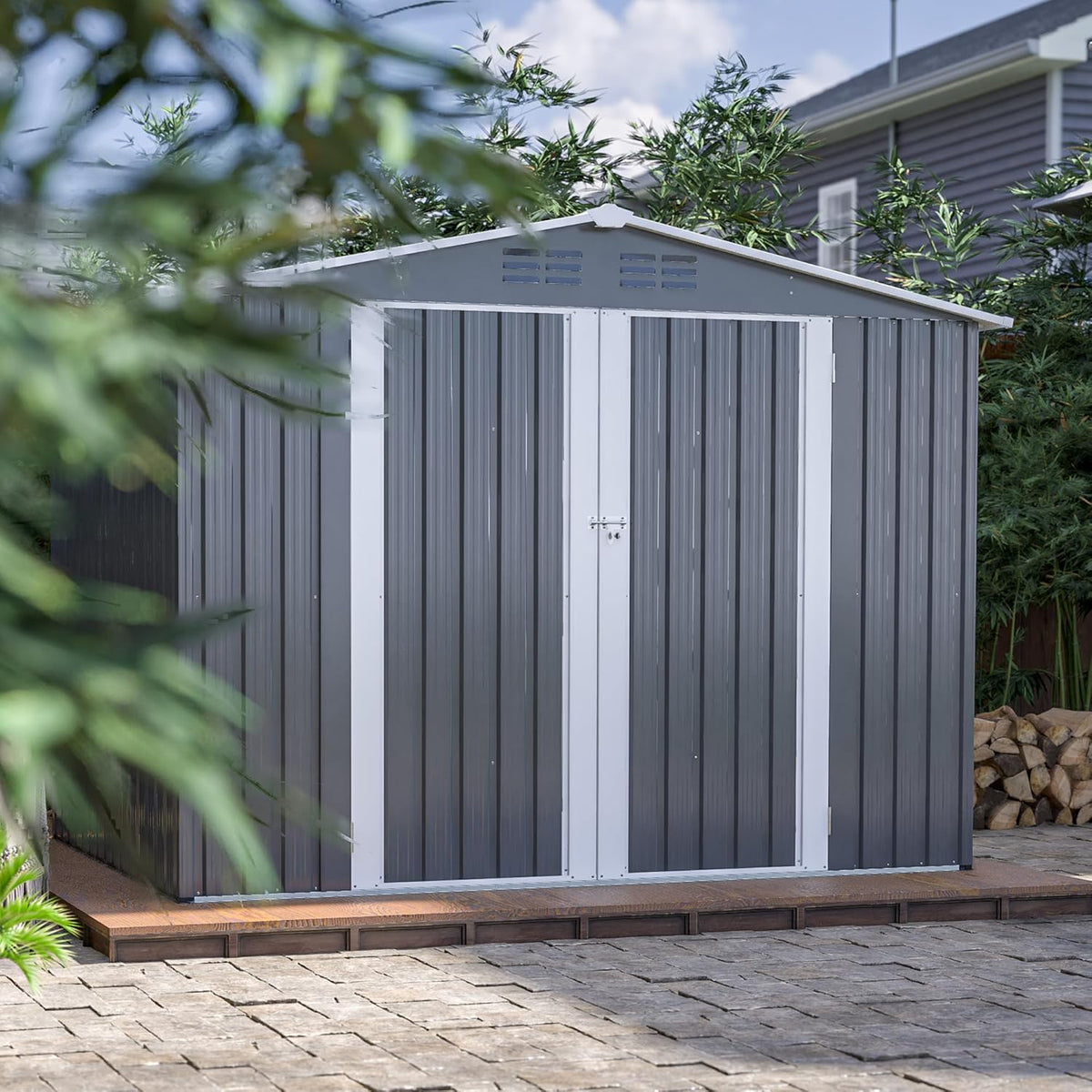 8x6 FT Outdoor Metal Storage Shed, Gray, with Floor Foundation, Lockable Hinged Doors, Air Vents, for Backyard and Lawn