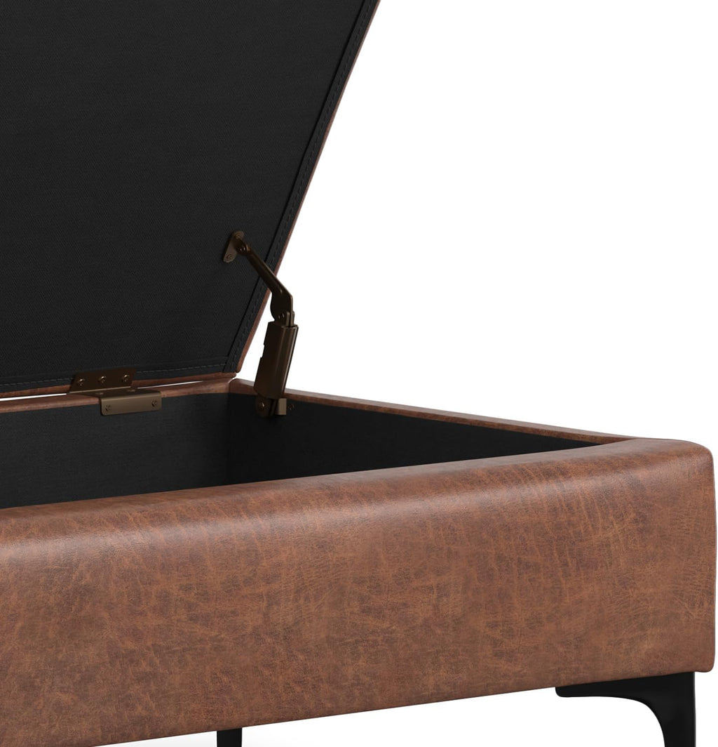 SIMPLIHOME Rebecca Storage Ottoman - 48 inch Wide Upholstered Vegan Leather Coffee Table Ottoman in Distressed Saddle Brown, Mid-Century Modern Lift-Top Storage for Living Room with Safety Hinges