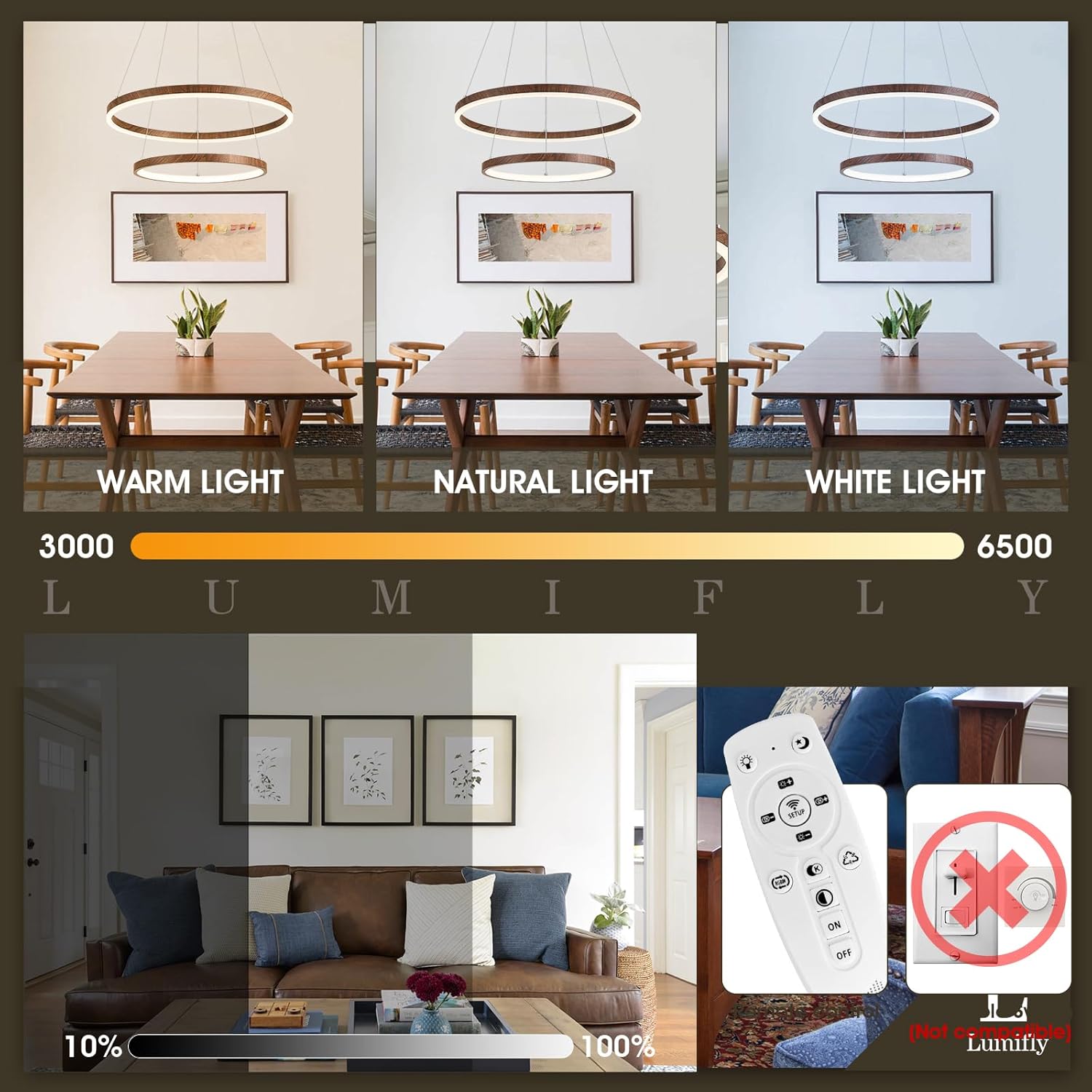 2 Rings Chandelier Modern LED Pendant Light for Dining Room Circular Round Chandelier Dimmable with Remote Wood Grain Hanging Ceiling Lights for Entryway Bedroom, 20 Inches 3000K-6500K