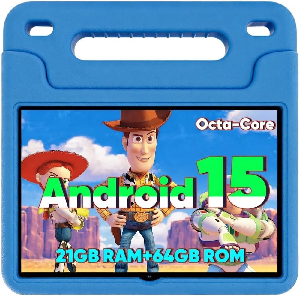 WXUNJA Android 15 Kids Tablet, 2025 Upgraded 10.1 Inch Tablets with Octa-core Processor, 6000mAh Battery, Kid Space, Parental Control,Pre-Loaded Kids Apps, 2.4/5GHZ Dual WiFi, Case Included, Blue