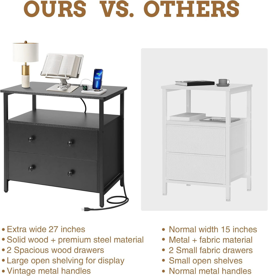 Edbuosy 27 inch Wide Night Stand with Charging Station, Bedside Table with Open Shelf, 2 Drawers Small Wood Dresser, Modern Wood Nightstand for Bedroom/Living Room (Black)