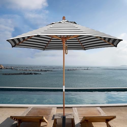210/270Cm Outdoor Parasol Umbrella,Wood Garden Umbrella,Beach Umbrella Height-Adjustable,Patio Umbrella with 8 Ribs,Uv Protection,Market Table Umbrella with Ventilation,Black+White-9Ft/2.7M