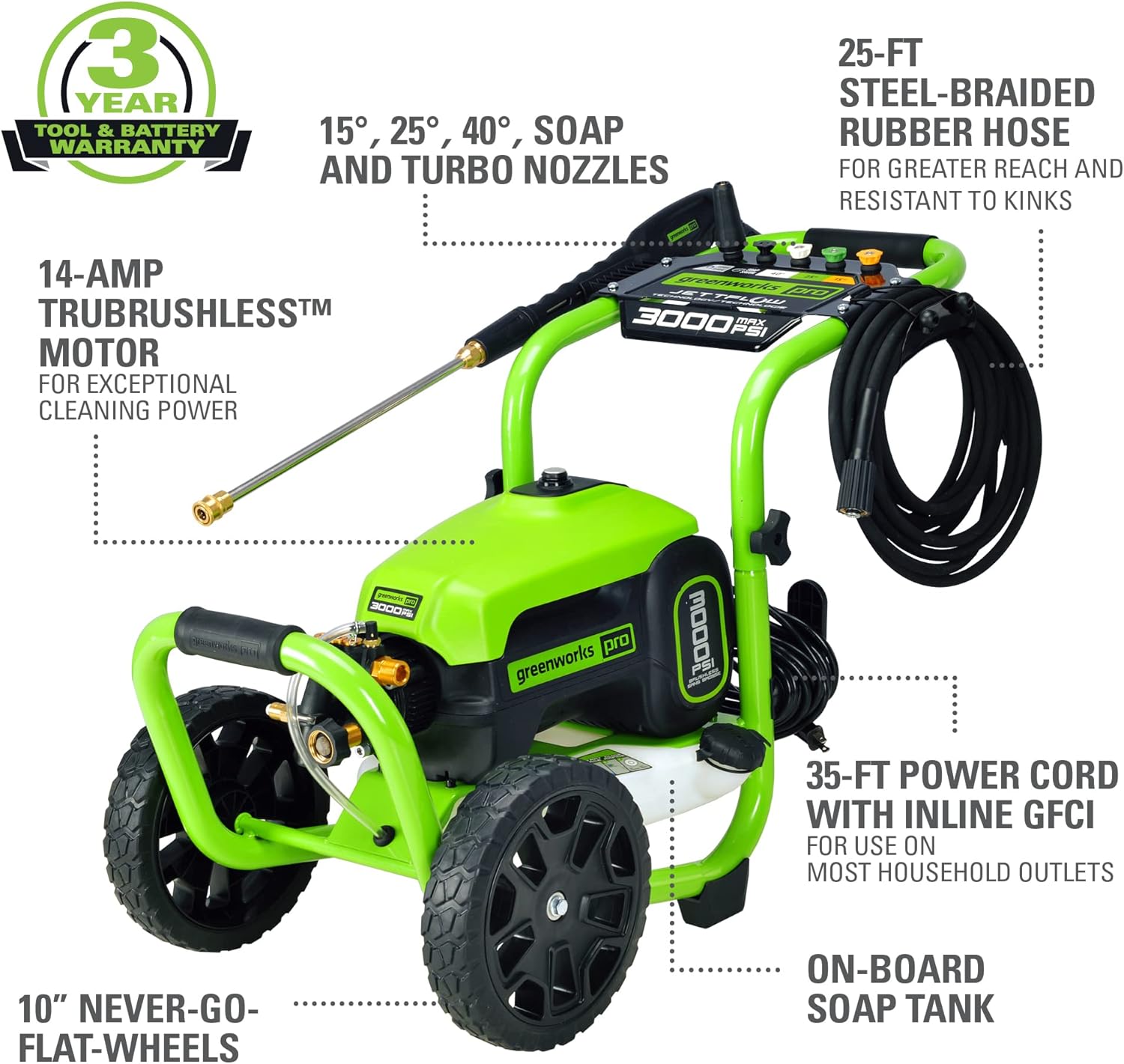 Greenworks 3000 PSI (2.0 GPM Max) Brushless Electric Pressure Washer, Steel Wand, On-Board Soap Tank (15°, 25°, 40°, Soap, and Turbo Nozzle)