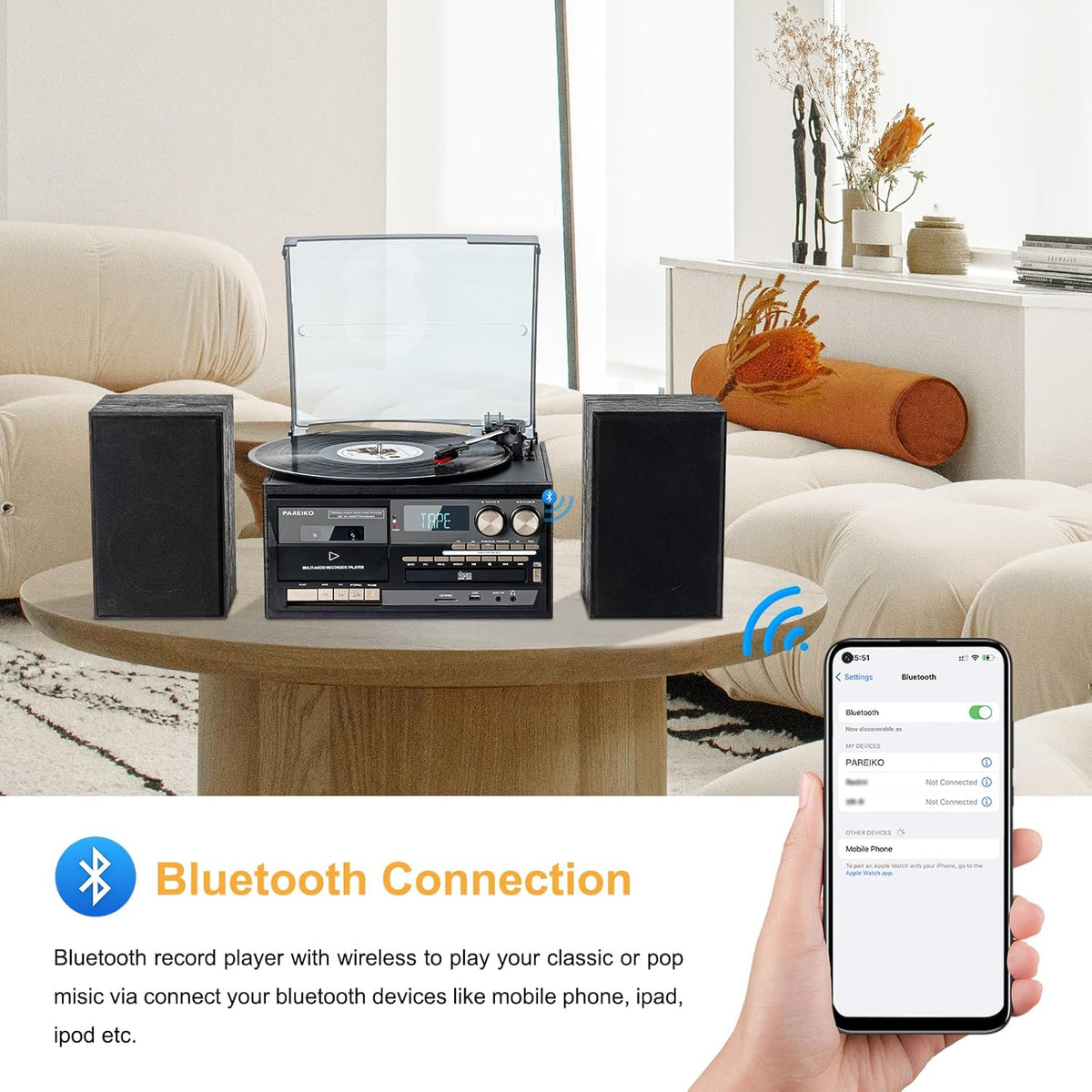 10 in 1 Record Player with Bluetooth Turntable CD Cassette USB SD MMC AM FM Radio Remote Control with Dual External Stereo Speakers