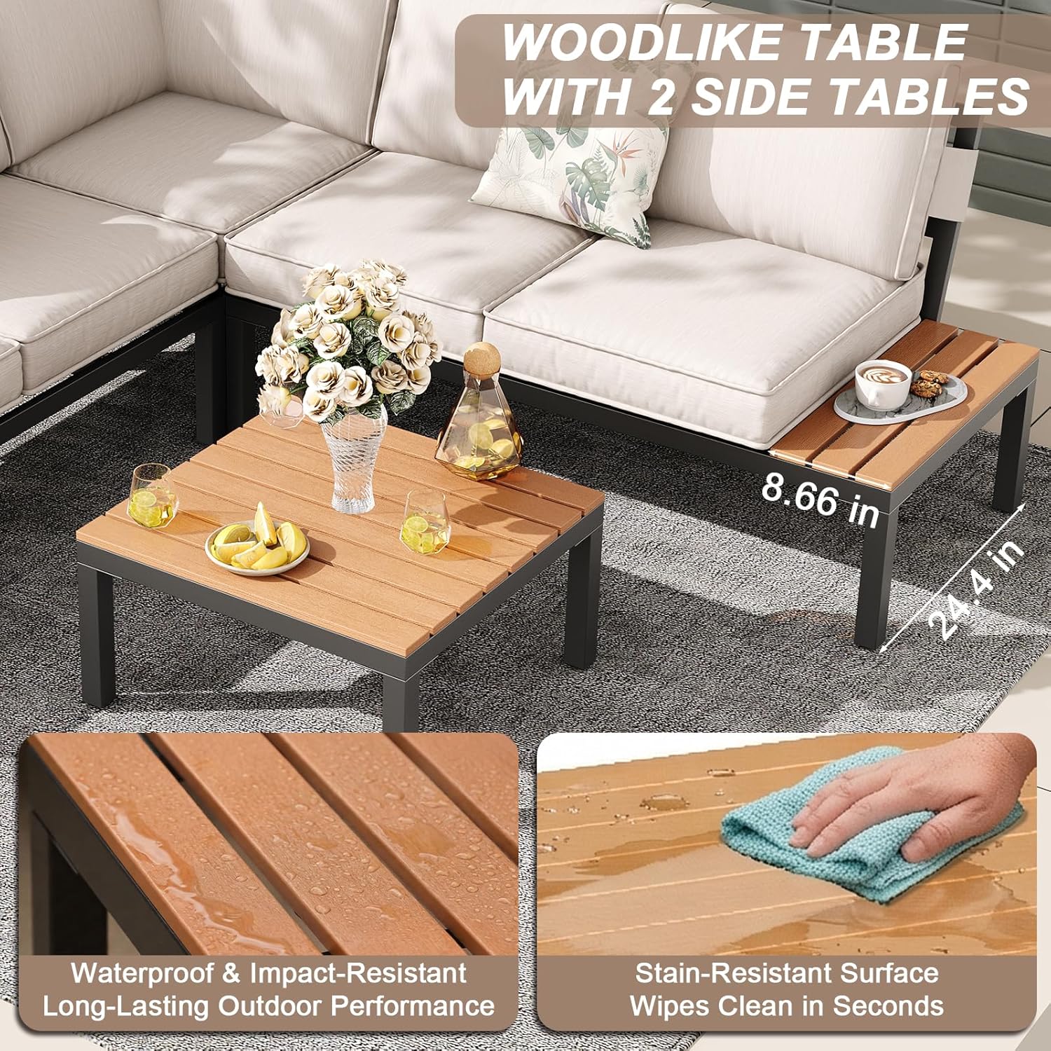 JOYURE 4-Piece Patio Furniture Set,Metal Outdoor Sectional Sofa with 3 Fauxwood Tables &Adjustable Reclining Chair,Patio Modular L Shape Sofa with Thickened Cushions for Backyard,Deck,Balcony,Beige