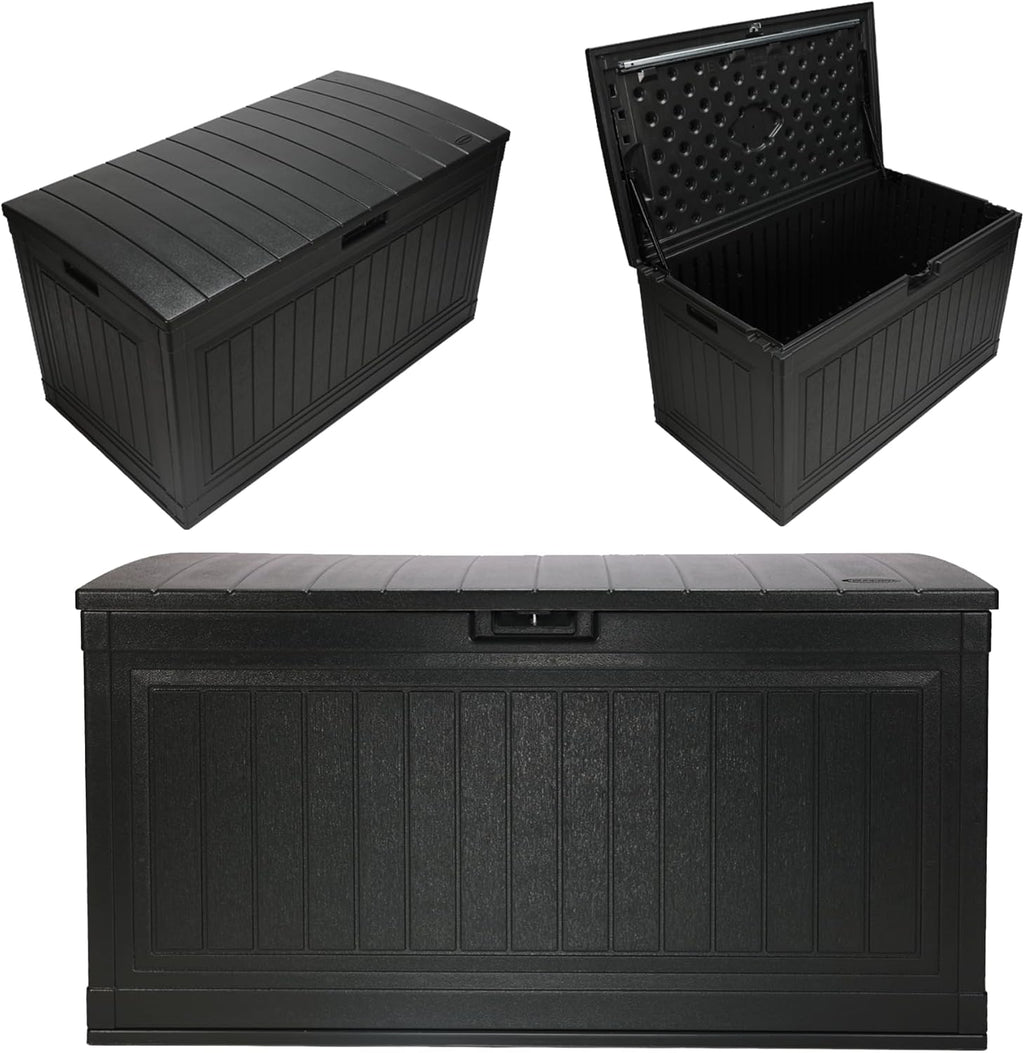 Suncast 80-Gal. Resin Large Outdoor Patio Deck Box with Pad-Lockable Lid, Modern Outdoor Patio Bench/Storage Box for Cushions, Garden Tools, and More, Iron Ore