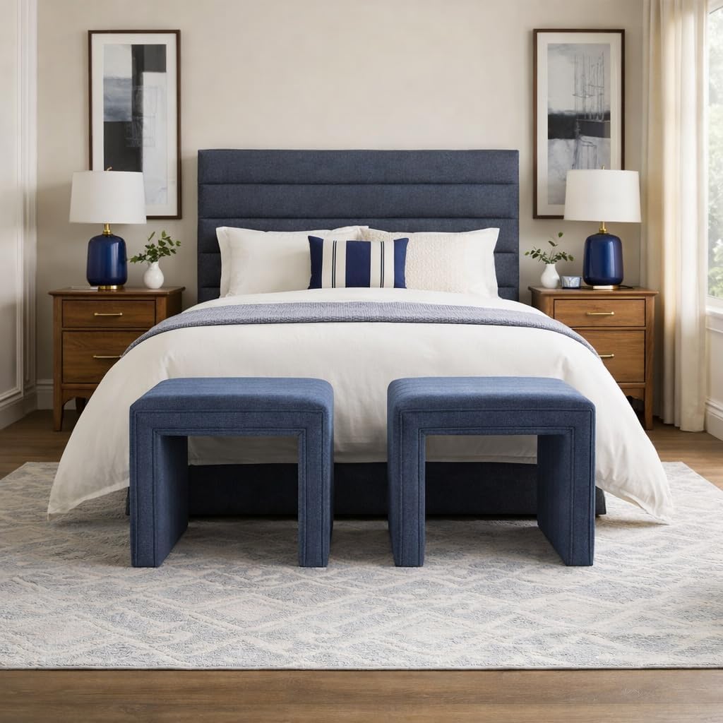 HomePop Modern Channel Tufted Ottoman|Homepop Home Décor|Ottoman for Living Room & Bedroom - Blue Woven Fabric