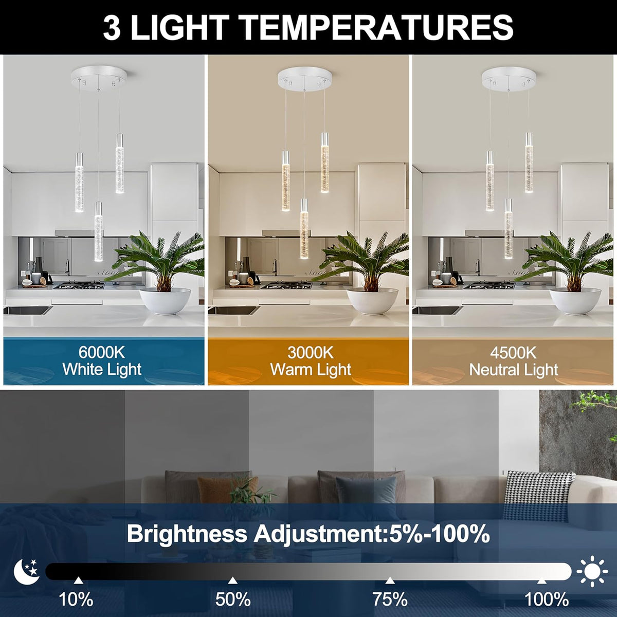 3 Light Pendant Lights Kitchen Island,Modern LED Bubble Crystal Pendants with Dimmable 3000K-6000K Ceiling Hanging Light Fixture for Dining Room Bedroom,Chrome Finish,Adjustable Height 59"