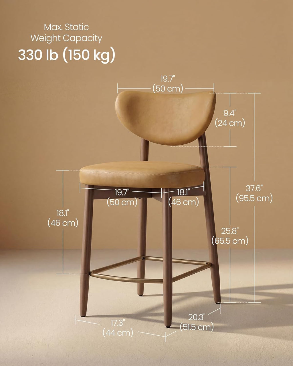 VASAGLE Wooden Bar Stools Set of 2, Upholstered Counter Height Barstools with Solid Wood Legs, Ergonomic Backrest, Mid Century Modern, for Kitchen Island, Synthetic Leather, Caramel Brown