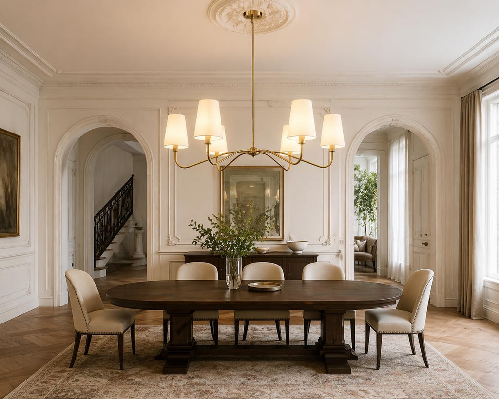47'' Brushed Brass Chandelier with Shades, Oversized 6-Light Modern Chandelier for Living Room, Large Dining Room Light Fixture, Adjustable Brass Classic Pendant Light Fixture for Kitchen E12 Base