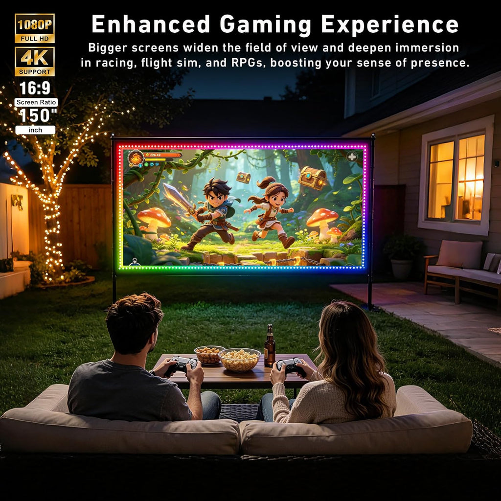 150 inch Projector Screen with Stand, USB String Lights Connection 16:9 4K HD Portable Movie Screen Indoor Outdoor,Wrinkle-Free Foldable Projection Screen for Home Theater Backyard, Office, Travel