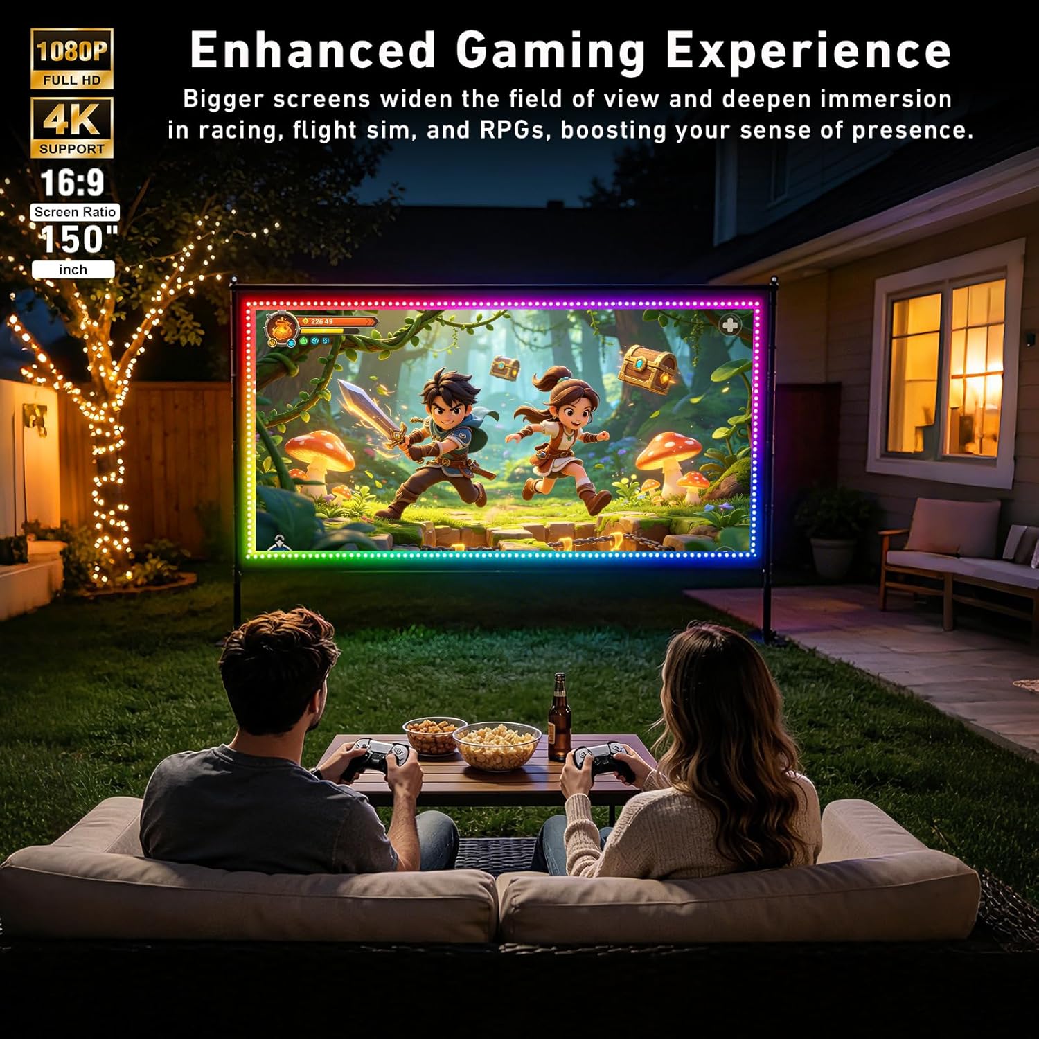 150 inch Projector Screen with Stand, USB String Lights Connection 16:9 4K HD Portable Movie Screen Indoor Outdoor,Wrinkle-Free Foldable Projection Screen for Home Theater Backyard, Office, Travel