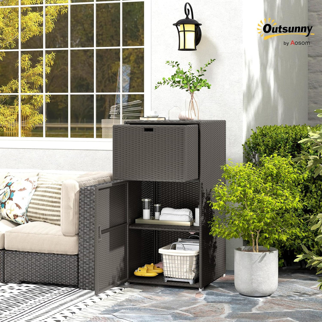 Outsunny Outdoor Towel Rack & Pool Storage Cabinet/Hot Tub Accessory Storage, Waterproof PE Rattan Cabinet & Basket Drawer for Indoor, Swimming Pool, Spa, 24"x24"x47", Dark Brown