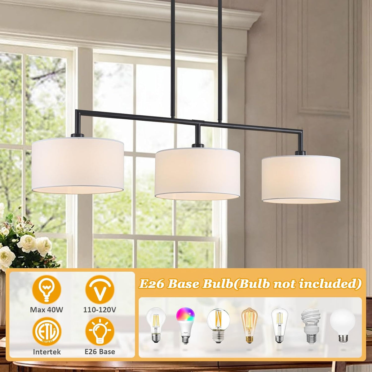 47" W Modern Linear Kitchen Island Pendant Light Fixture 3-Light White Linen Drum Shade Chandelier Black Metal Linear Chandeliers for Dining Room Farmhouse Hanging Light for Living Room, Bar, E26