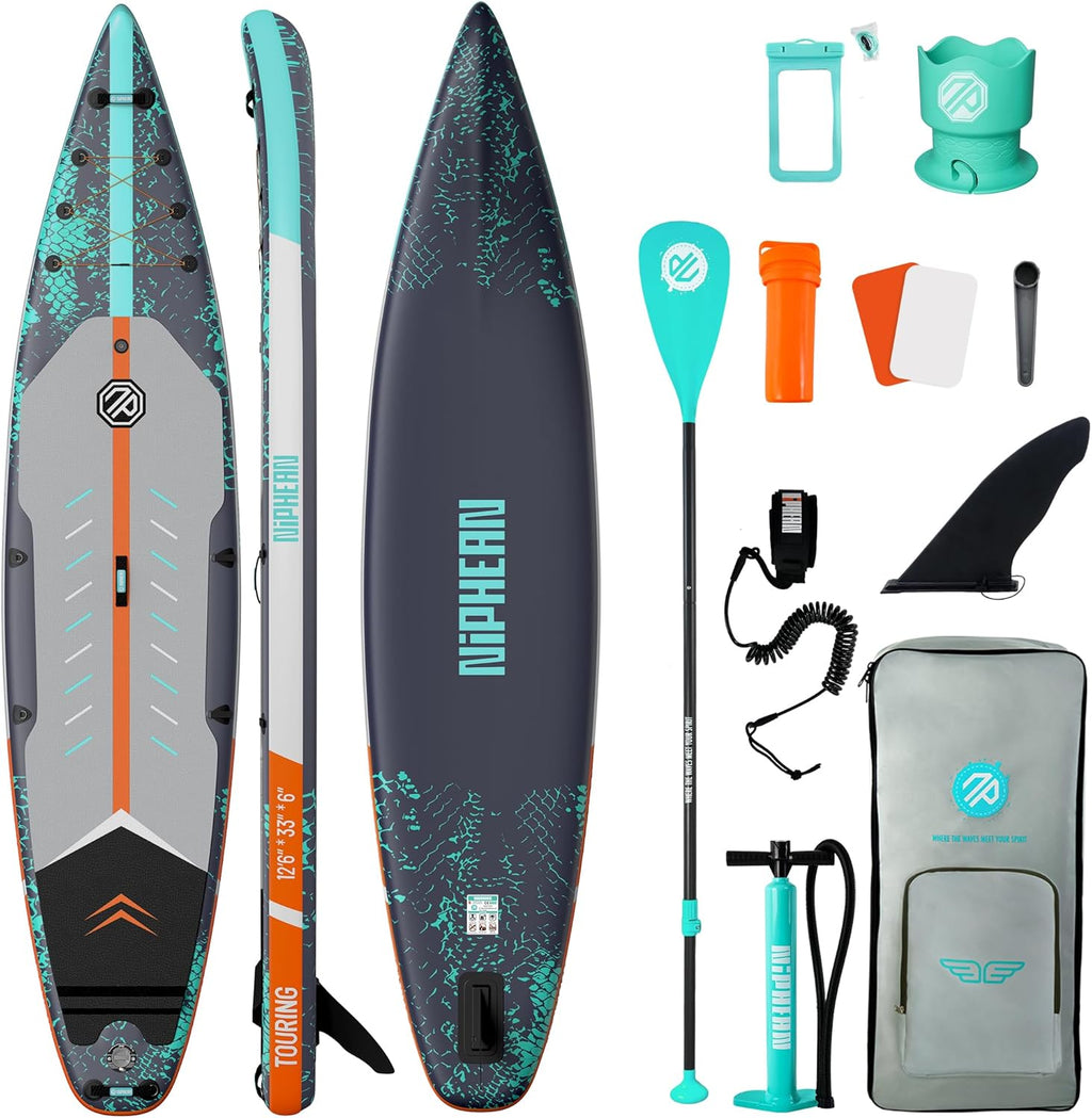 Niphean 12'6" Paddle Board, 550LB Capacity Touring Inflatable Paddle Board with Complete SUP Accessories& Kick Pad, Stable Stand up Paddle Board for Adults & Youth Racing Surfing (Beginner Friendly)