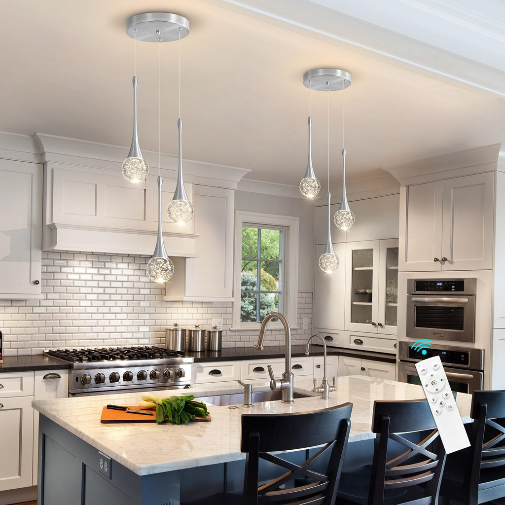 3-Lights Modern Pendant Lights for Kitchen Island LED Dimmable Crystal Glam Ceiling Pendant Lighting Chandelier for Dining Room Hallway Bedroom Corner Lamp Brushed Nickel