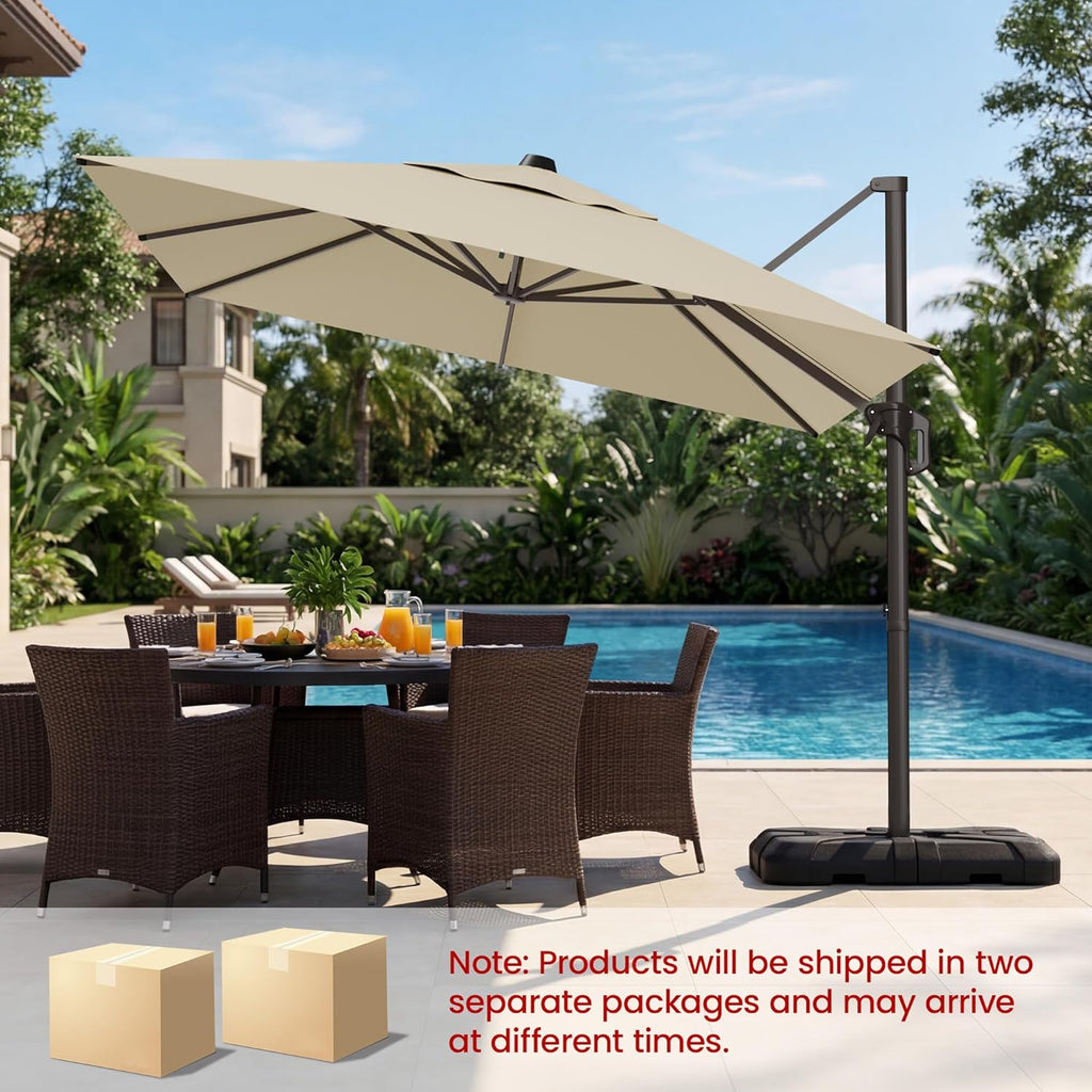 HASLE OUTFITTERS 9x12 FT Patio Cantilever Umbrella with Base, Outdoor Offset Large Rectangular Heavy Duty Umbrellas with 360° Rotation for Pool Garden Deck .Beige