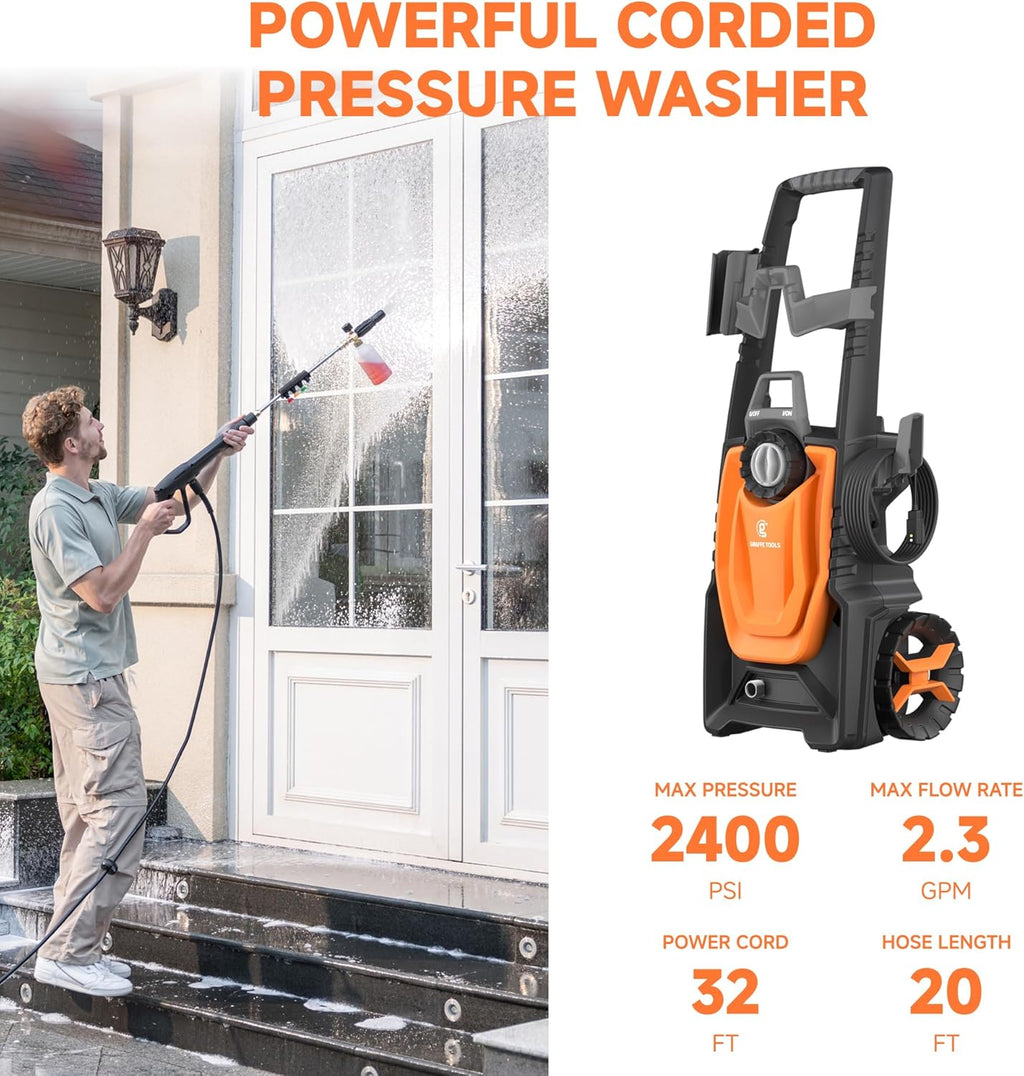 Giraffe Tools Electric Pressure Washer, 2400 PSI 2.3 GPM with 4 Quick-Connect Nozzles, 20FT Hose & Foam Cannon, Powerful Washer for Cars/Road/Driveways/Fences