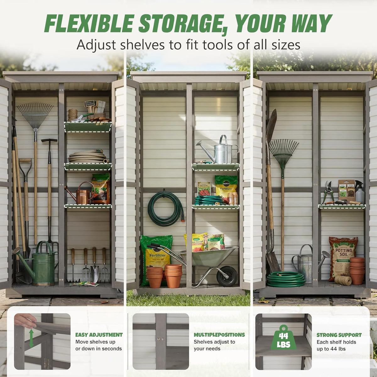 Outdoor Storage Cabinet – Store More in Less Space, Tall Vertical Garden Tool Organizer with 4 Shelves & Long Handle Storage, Weather-Resistant Patio Cabinet for Backyard, Garden, Side Yard