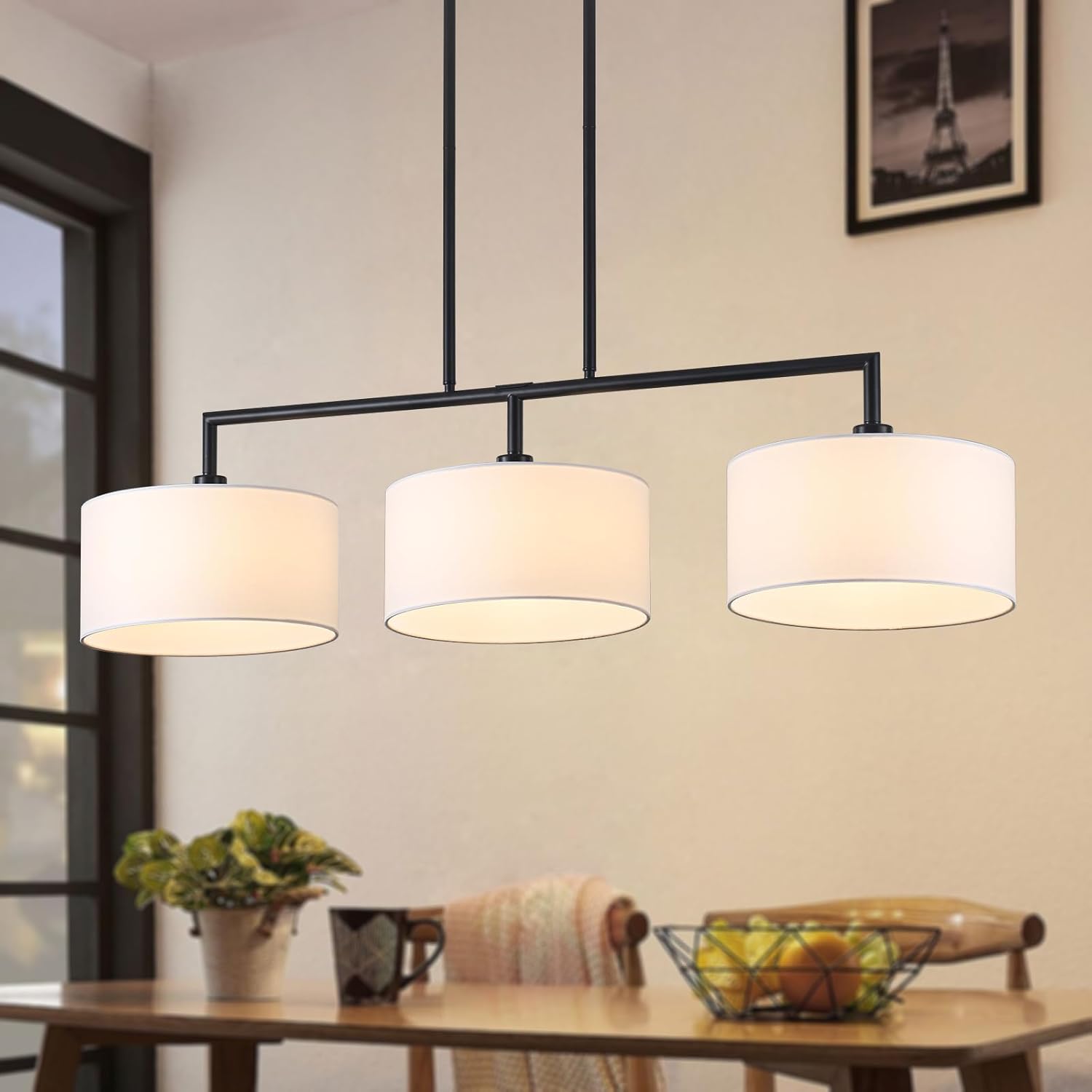 47" W Modern Linear Kitchen Island Pendant Light Fixture 3-Light White Linen Drum Shade Chandelier Black Metal Linear Chandeliers for Dining Room Farmhouse Hanging Light for Living Room, Bar, E26