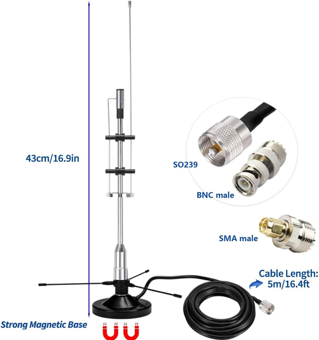 2m 70cm GMRS Antenna, Outdoor Indoor Desktop Police Scanner Antenna for House, 25-3000Mhz VHF UHF FM CB GMRS ADSB for SDR/Air FM Receiver/ADSB Flightaware,16.4ft Cable BNC SMA SO239 Magnetic Base