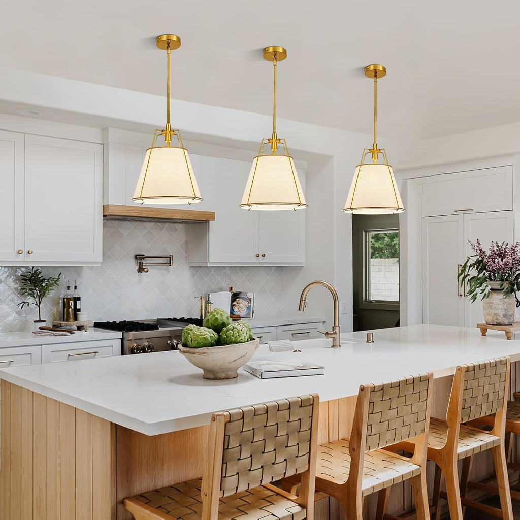Modern Pendant Light Fixtures with 13" Off-White Linen Fabric Shade, Adjustable Hanging Light Fixture,Drum Gold Vintage Chandelier for Kitchen Island Bedroom Dining Room Foyer Entryway