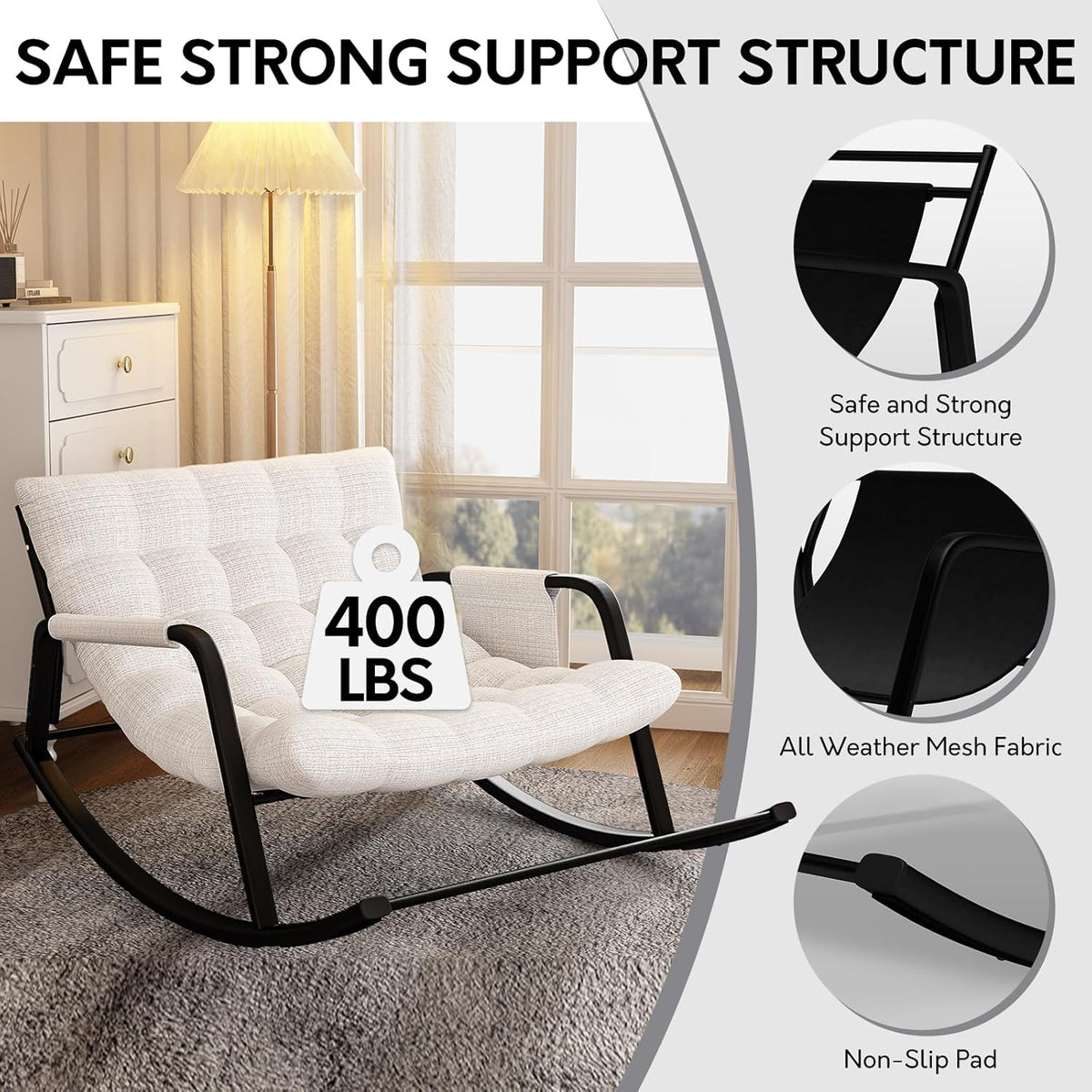 lavimiya Indoor Outdoor Patio Rocking Chairs, Papasan Rocking Chairs, Double Papasan Chair with Cushion, Oversized Modern Rocker Chairs for Living Room, Bedroom, Porch, Garden