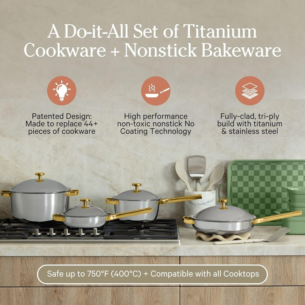 Our Place Titanium Pro Cookware & Bakeware Set | 15-Piece Non-toxic Nonstick Kitchenware with Titanium Always Pan Pro, Perfect Pot Pro, Minis & Ceramic Bakeware with Stovetop Griddle | Sage