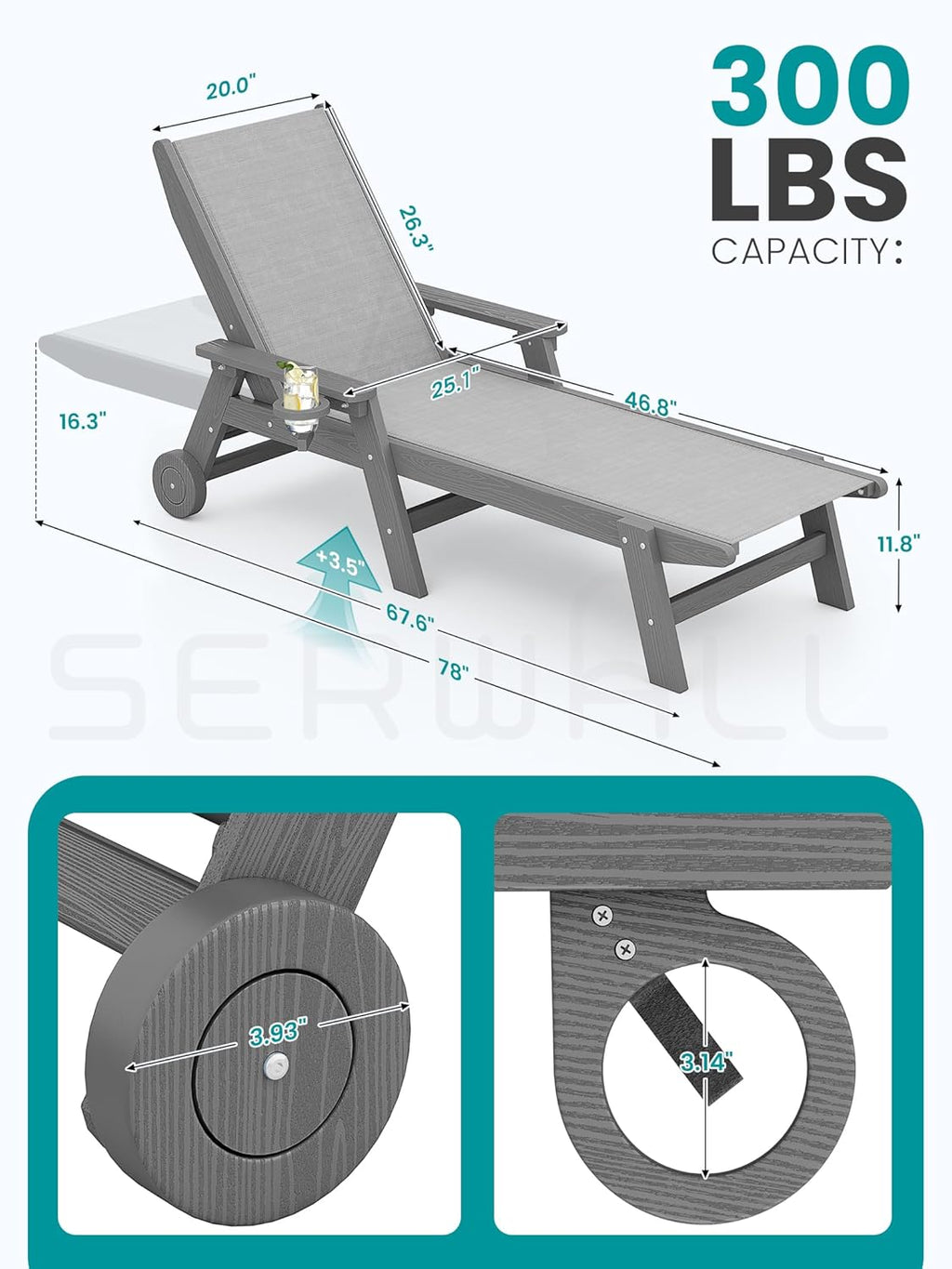 SERWALL Textilene Patio Chaise Lounge Chair, 5 Positions Adjustable Outdoor Lounger with Rolling Wheels for Pool, Deck, Gray