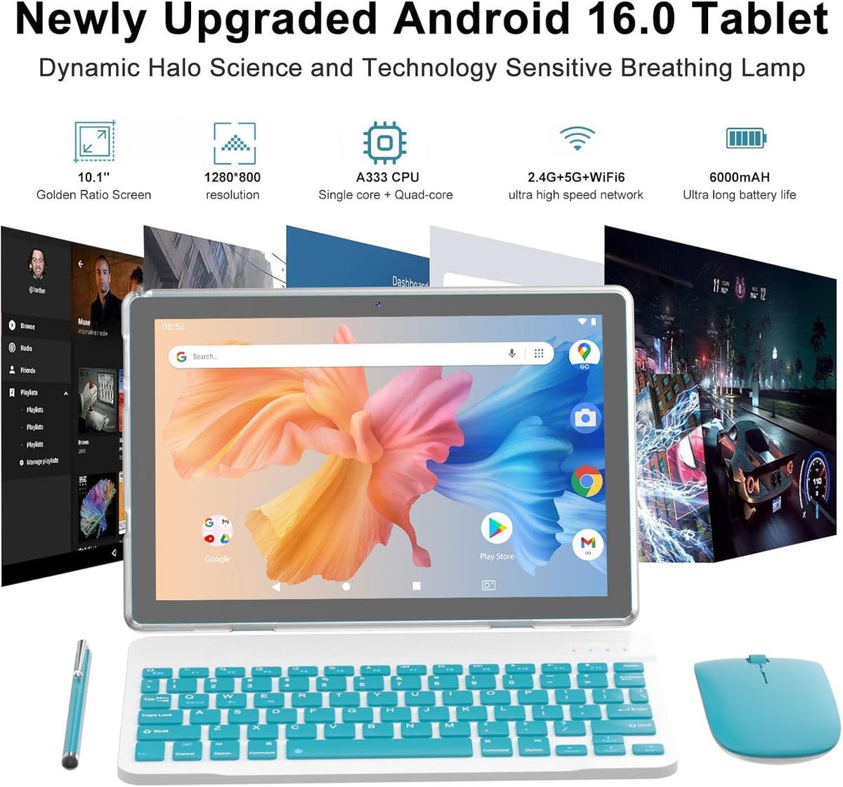 Android 16 Tablet 10 Inch, 12(3+9)GB RAM+64GB ROM, 2 in 1 Tablets with Keyboard Case Mouse Stylus, 2.0GHz Five-core Processor, 1280 * 800 IPS HD Screen, 5G WiFi6 BT 5.3 Tableta PC (Dark blue)