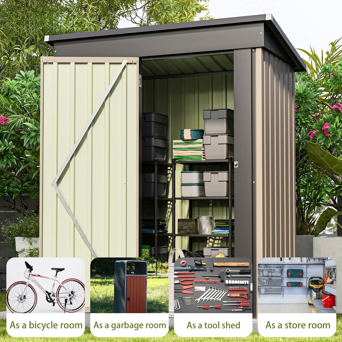 Patiowell 5x3 FT Outdoor Storage Shed, Tool Shed with Sloping Roof and Lockable Door, Metal Shed for Backyard Garden Patio Lawn, Brown