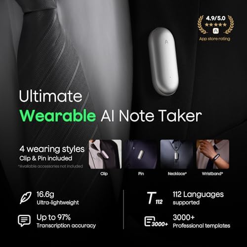 Plaud NotePin AI Voice Recorder, Voice Recorder with Adjustable Wearable Strap & Neck Strap Lanyard, Transcribe & Summarize with AI Technology, 64GB Memory