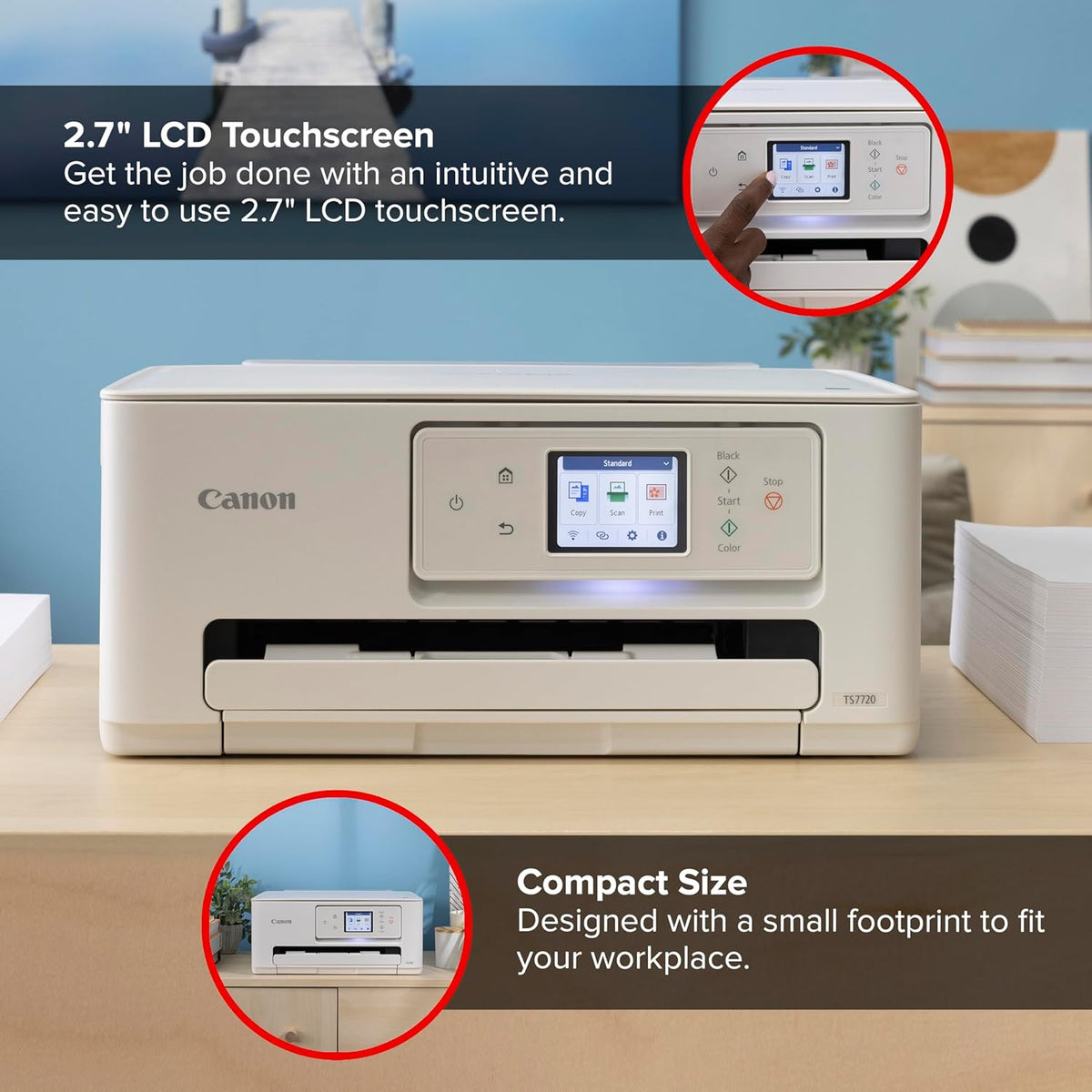 Canon PIXMA TS7720 Wireless All-in-One Color Inkjet Printer – Print, Copy, Scan – Auto Duplex, 15/10 PPM, 2.7” Touchscreen, Compact Home Photo Printer with Easy Setup