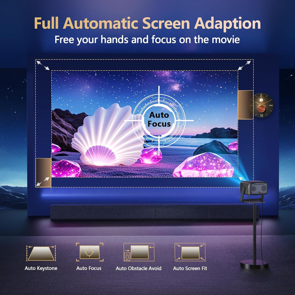 3500 ANSI/ Official Apps/65W Audio Outdoor 4K Projector with WiFi and Bluetooth, Auto Focus, Auto Keystone Smart Projector Support DoIby Audio, 2026 Upgrade GO2 Short Throw Projector with 360°Stand